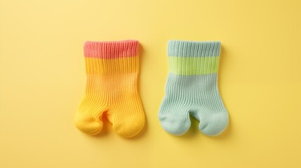 A tiny pair of colorful baby socks arranged neatly on a sunny, pastel yellow surface.