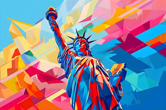 colorful background with statue of liberty