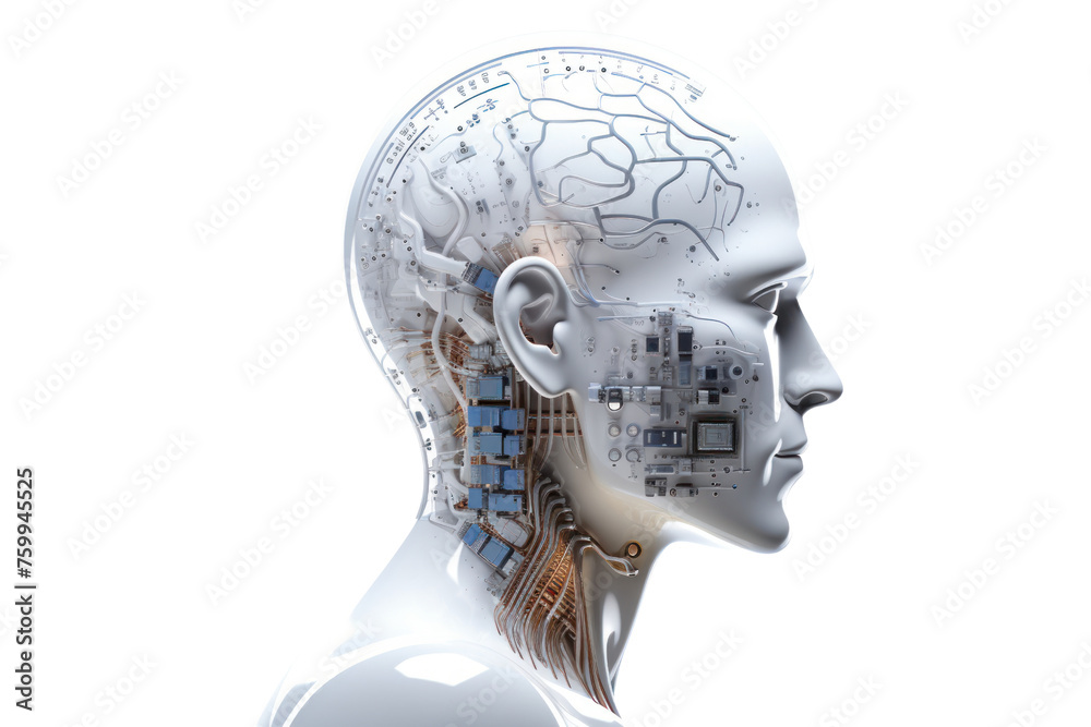 Aufkleber Global concept network: 3D rendered illustrations of robots, people, and heads of technology symbols and business ideas. Isolated on a transparent background.