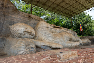 A captivating view of the Gal Vihara (Viharaya) or Rock Temple, a significant archaeological site in the Ancient City of Polonnaruwa, Sri Lanka.