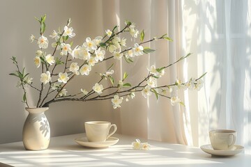 Fototapeta na wymiar Bright cherry blossoms in ceramic container with white cup of liquid nearby, elegance captured by daylight’s touch. Delicate spring florals in vase, accompanied by light beverage, soft sunlight
