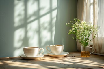 Morning calm portrayed by tea on saucer and transparent honey pot, against soft shadow play on wooden surface. Soothing scene with white teacup adjacent to glass jar of golden honey, - obrazy, fototapety, plakaty