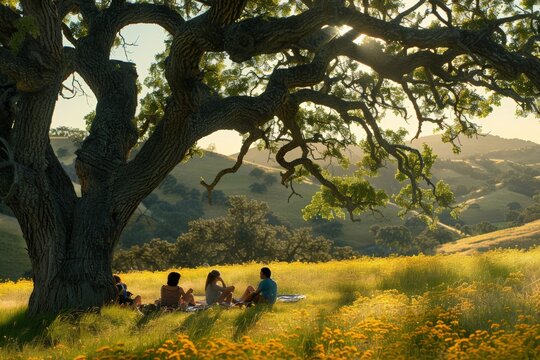 Family relaxes under an ancient oak tree in a lush meadow, basking in the golden sunlight of a serene, pastoral landscape. Group of friends enjoys a casual picnic in a field of wildflowers,