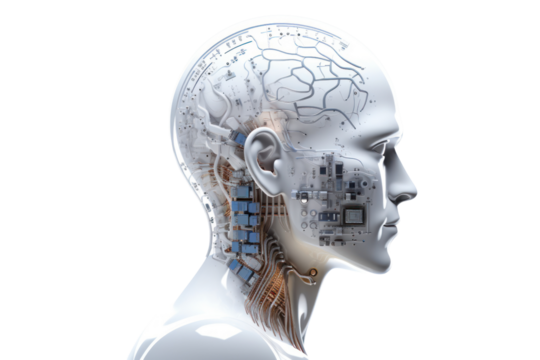 Global concept network: 3D rendered illustrations of robots, people, and heads of technology symbols and business ideas. Isolated on a transparent background.