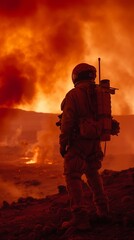 Soldier in Silhouette Against Fiery Battlefield