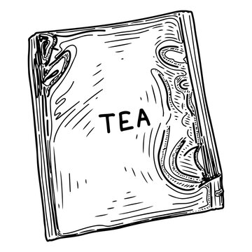 Tea bag in packaging sketch. Package with brewed drink. Hand drawn vector line illustration.