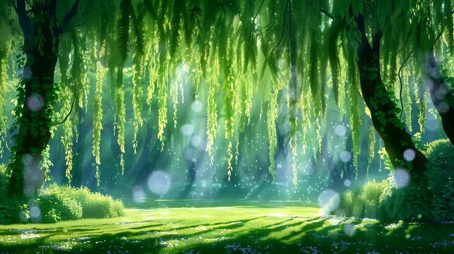 Magical garden where the weeping willows create a canopy of green. Fantasy landscape anime or cartoon style, looping 4k video animation background