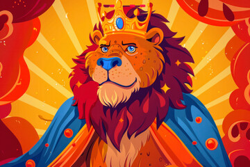 Lion wearing a crown and royal robe, colourful cartoon illustration.
