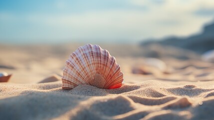 A unique shell, with its delicate curves and soft tones, rests serenely on the sand. Shell isolated on the sand in a lonely and timeless beauty of the sea.