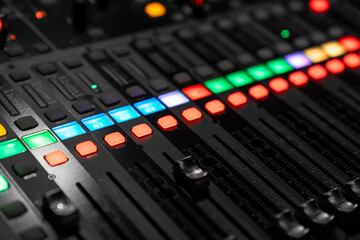Mixer control. Music engineer. Backstage controls on an audio mixer, Sound mixer. Professional...
