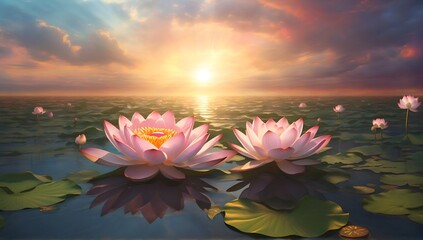 lotus flowers bloom at sunset - obrazy, fototapety, plakaty