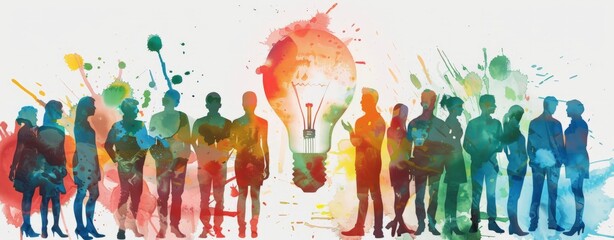 Several individuals are standing together in front of a large light bulb, likely discussing or brainstorming ideas.