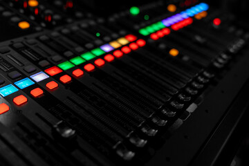 Mixer control. Music engineer. Backstage controls on an audio mixer, Sound mixer. Professional...