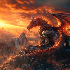 Dragon, scales shimmering, mythical beast, final showdown on mountain peak, fiery skies, photography, Golden hour lighting, Chromatic Aberration