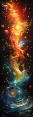 Enigmatic cosmic entity, swirling in cosmic chaos with splashes of bold colors and fluid shapes, evoking the enigmatic beauty and complexity of abstract art