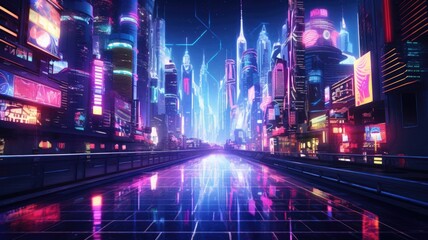 The picture of the neon night time futuristic cyberpunk scifi metropolis yet bright with neon light that fill everywhere of metropolis and fill with tall building and long roadway at night. AIGX01. - obrazy, fototapety, plakaty