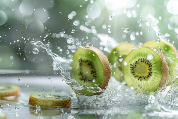 Fresh kiwi in water splash, isolated on white background.