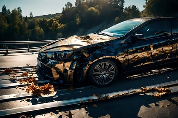 A high-definition shot of the paint flakes peeling off from the car's crumpled edge against the guardrail, under the bright sunlight.