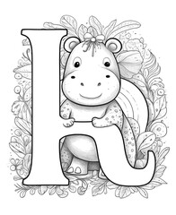 Coloring book for children letter H with hippopotamus.