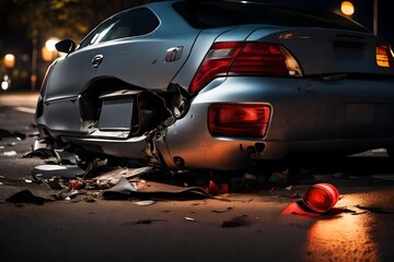A detailed image of a car's dented bumper and broken taillight, with scattered debris on the road illuminated by streetlights at dusk.
