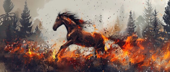 A horse galloping amidst a raging forest fire, surrounded by billowing smoke and flames. - obrazy, fototapety, plakaty