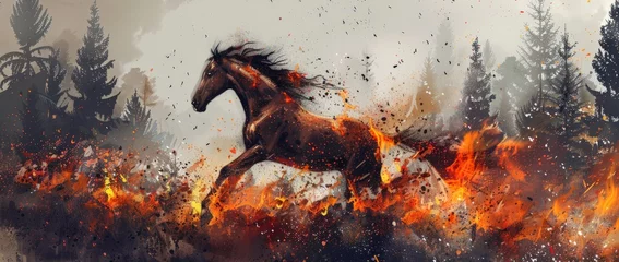 Foto op Plexiglas A horse galloping amidst a raging forest fire, surrounded by billowing smoke and flames. © pham