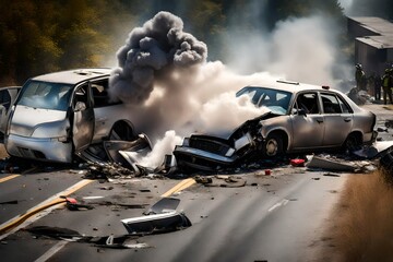 A wrecked sedan with smoke billowing from the engine compartment, surrounded by debris on a highway shoulder, with emergency responders on the scene assessing the damage, captured in high definition.