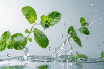 Fresh mint leaves with water splash on nature background. Mint leaves with water drops - obrazy, fototapety, plakaty