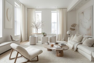 Fototapeta premium Minimalist design in living room, where clean, uncluttered spaces and thoughtful furnishings