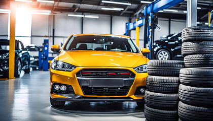 Vehicle maintenance and inspection, Tires in auto repair center, tire dealer customer, repair, spare parts replacement and insurance service, vehicle inspection range support,