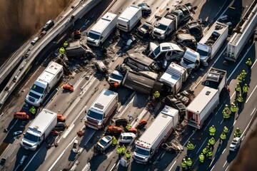 An aerial view of a highway multi-car pileup with emergency services on scene, focusing on the tangled metal and vehicles without showing any people.