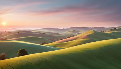 Tuinposter sunrise with minimalistic 3D abstract landscape with hills and soothing pastel colors, beautiful background for smartphone © Perecciv
