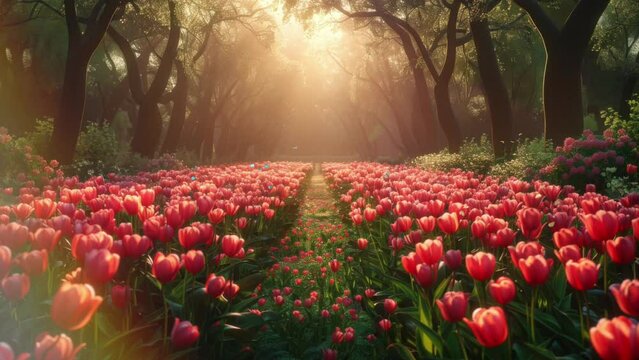 Sunlit Garden Abloom with Flowers and Fluttering Butterflies. Nature Background Video. Generative AI