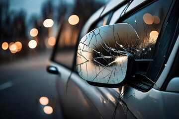 A detailed image of a cracked side mirror hanging loosely from a car door, with the reflection of flashing emergency lights.