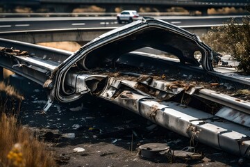 A close-up of a crushed sedan's rear, wedged beneath a metal guardrail on a highway overpass, highlighting the deformation of metal and the complexity of extraction.