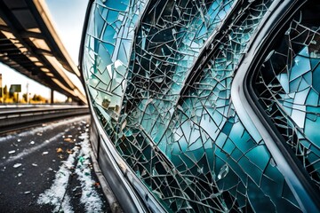 A detailed image of the crushed car's shattered windows and the intricate patterns of cracked glass, with the blurred background of a highway overpass.