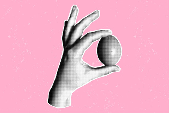 Halftone collage banner, paper element cut from magazine on pink pastel textured noisy background. Hand holding an egg, hand gesture.
