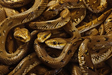 Fototapeta premium Numerous snakes entangled in a heap, coiled on top of each other.