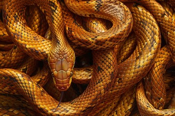 A close-up view of the head of a snake, showing its scales, eyes, and flickering tongue.