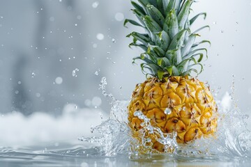 Pineapple splashing in water on white background. Fresh fruit