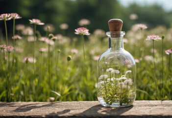 Field flowers in a glass bottle against the background of a blooming meadow