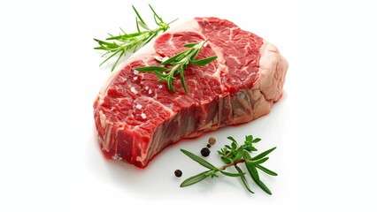 picture of raw dry aged new york steak on clean white background