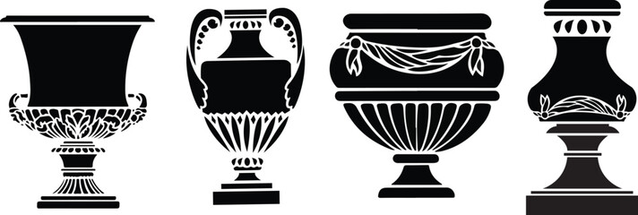 Ancient Greek amphora. Vase silhouettes set. various antique ceramic vases. ancient greek jars and amphorae silhouettes - obrazy, fototapety, plakaty