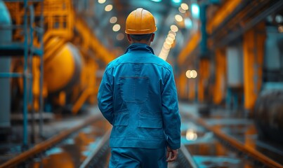 A worker walks along the work area, rear view.