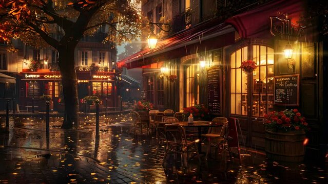 Serene restaurant atmosphere complemented by the sound of rain, a cozy hideaway on a rainy day. Seamless Looping 4k Video Animation