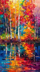 A painting depicting trees with vivid, colorful leaves in full bloom, showcasing the beauty of nature in a vibrant palette.