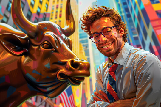 A joyful man in a white shirt and tie smiles near the iconic Wall Street Bull in a colorful cityscape