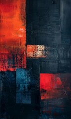 An abstract painting featuring dominant red, black, and blue colors with dynamic brushstrokes and contrasting shapes creating a bold visual impact.