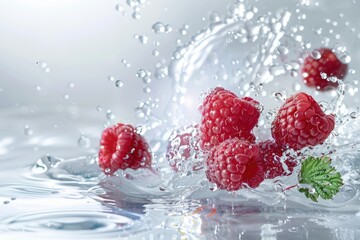 Ripe raspberries in water splashes on a light background