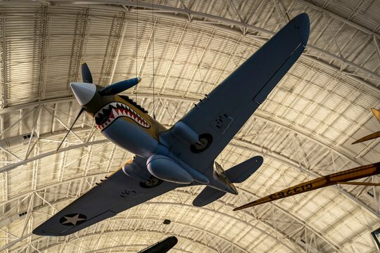 Curtiss P-40B Warhawk Flying Tiger hangs from the ceiling at the Steven F. Udvar-Hazy Center at the National Air and Space Museum
